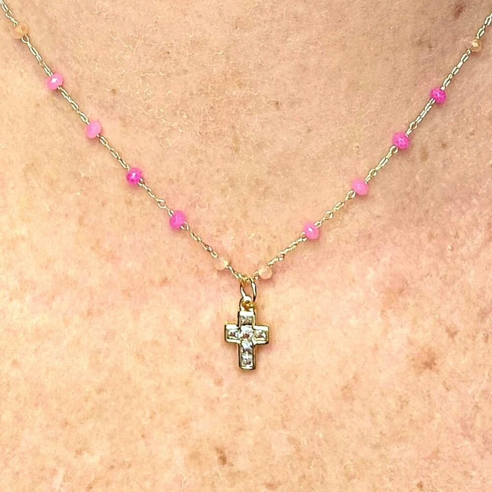 Handmade CZ Mini Cross Necklace Rosary Pink Beads Chain Ultra Dainty Christian